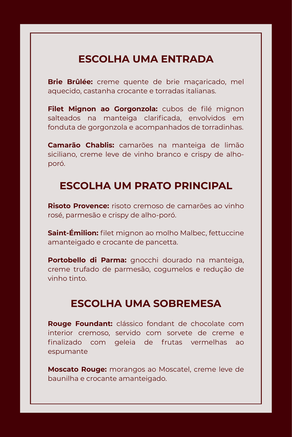 Menu Dia dos Namorados — entradas, pratos principais e sobremesas