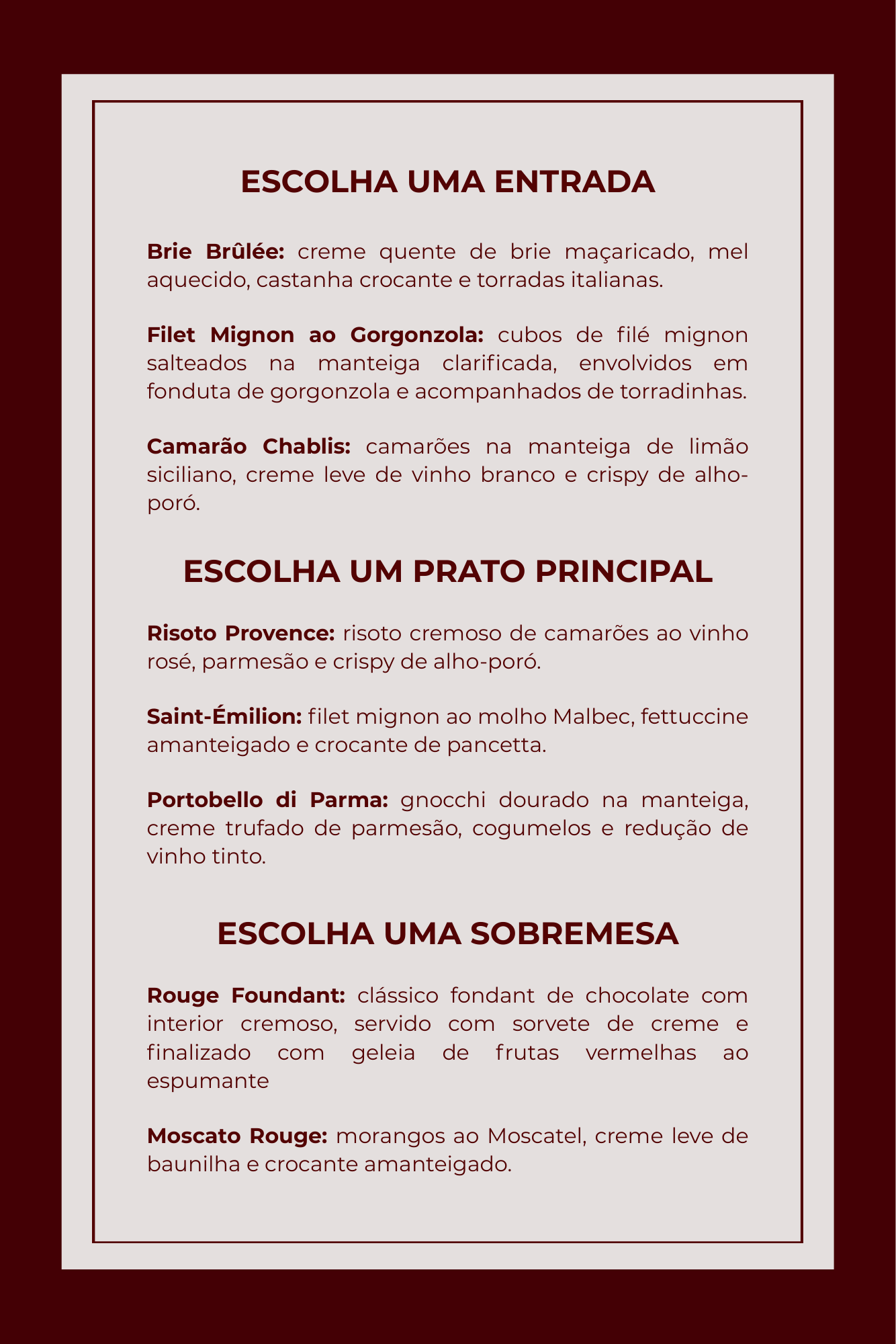 Menu Dia dos Namorados — entradas, pratos principais e sobremesas